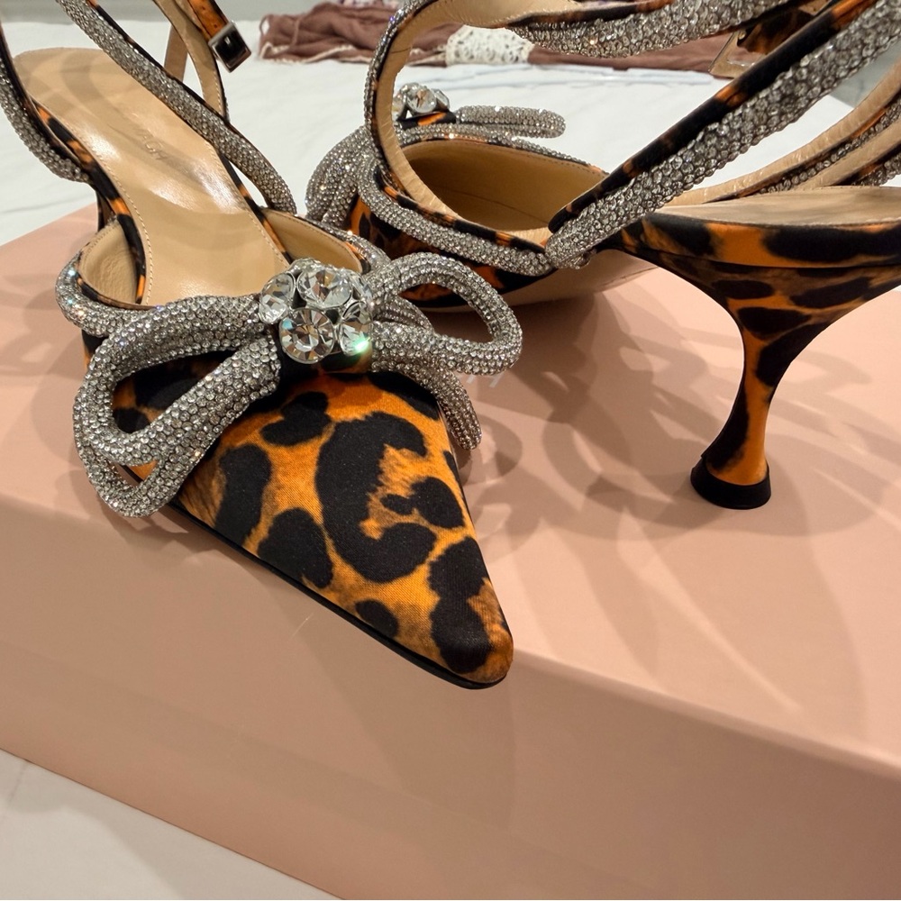 MACH & MACH Leopard Print Heels with Silver Crystal Bow